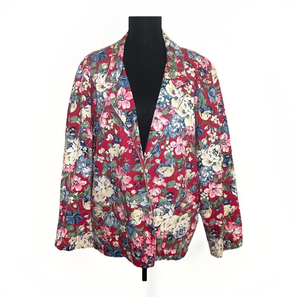 VTG Gotcha Covered Denim Blazer Floral Red Jacket Colorful Cotton Women XL